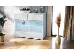 Cómoda Bari V3, Moderno armario de cocina con 2 grandes puertas de cristal incl. iluminación RGB blanco mate / blanco de alto brillo (92,5 x 75.5 x 35)