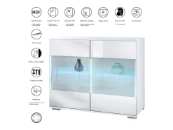 Cómoda Bari V3, Moderno armario de cocina con 2 grandes puertas de cristal incl. iluminación RGB blanco mate / blanco de alto brillo (92,5 x 75.5 x 35)