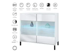 Cómoda Bari V3, Moderno armario de cocina con 2 grandes puertas de cristal incl. iluminación RGB blanco mate / negro de alto brillo (92,5 x 83.5 x 35)