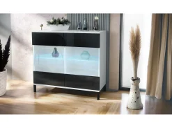 Cómoda Bari V3, Moderno armario de cocina con 2 grandes puertas de cristal incl. iluminación RGB blanco mate / negro de alto brillo (92,5 x 83.5 x 35)