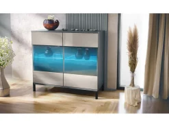 Cómoda Bari V3, Moderno armario de cocina con 2 grandes puertas de cristal incl. iluminación RGB antracita mate / gris arena de alto brillo (92,5 x 83.5 x 35)