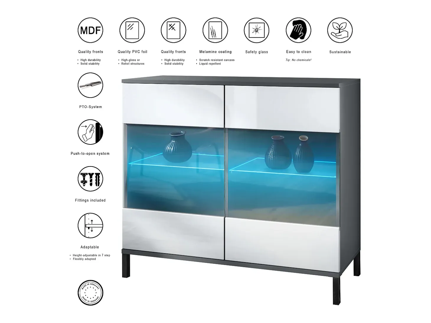 Cómoda Bari V3, Moderno armario de cocina con 2 grandes puertas de cristal incl. iluminación RGB antracita mate / gris arena de alto brillo (92,5 x 83.5 x 35)