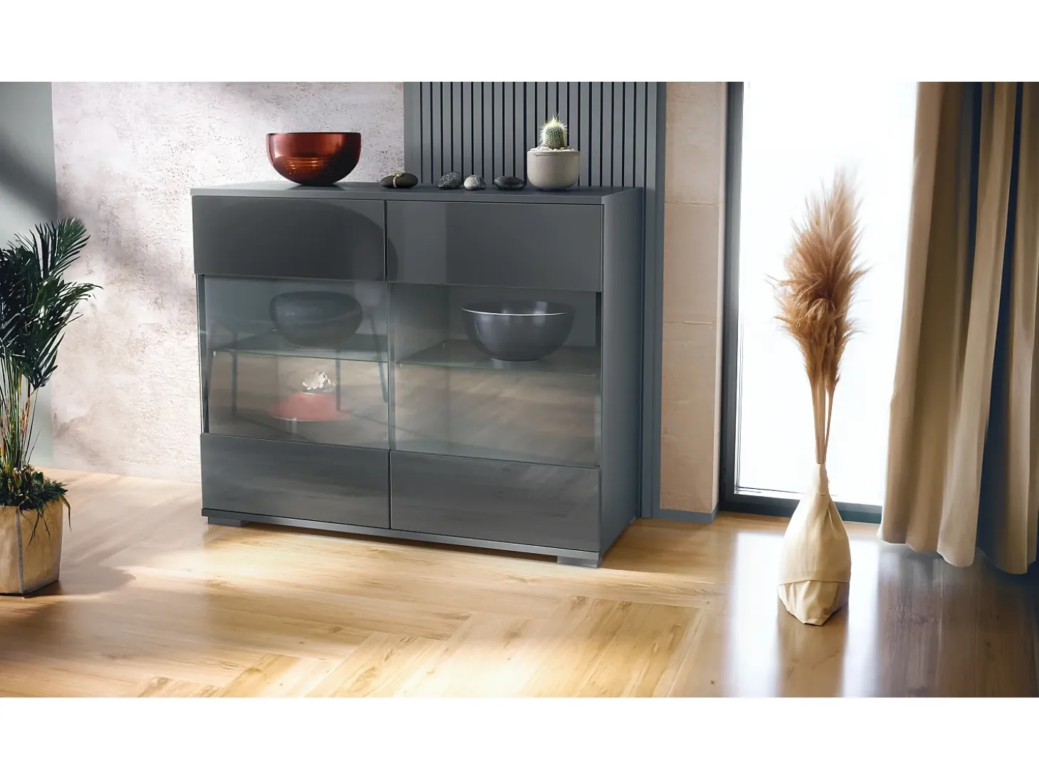 Cómoda Bari V3, Moderno armario de cocina con 2 grandes puertas de cristal antracita mate / gris de alto brillo (92,5 x 75.5 x 35)