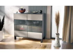 Cómoda Bari V3, Moderno armario de cocina con 2 grandes puertas de cristal antracita mate / gris arena de alto brillo (92,5 x 84.5 x 35)