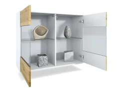 Cómoda Bari V3, Moderno armario de cocina con 2 grandes puertas de cristal incl. iluminación RGB blanco mate / burdeos de alto brillo (92,5 x 73.5 x 35)