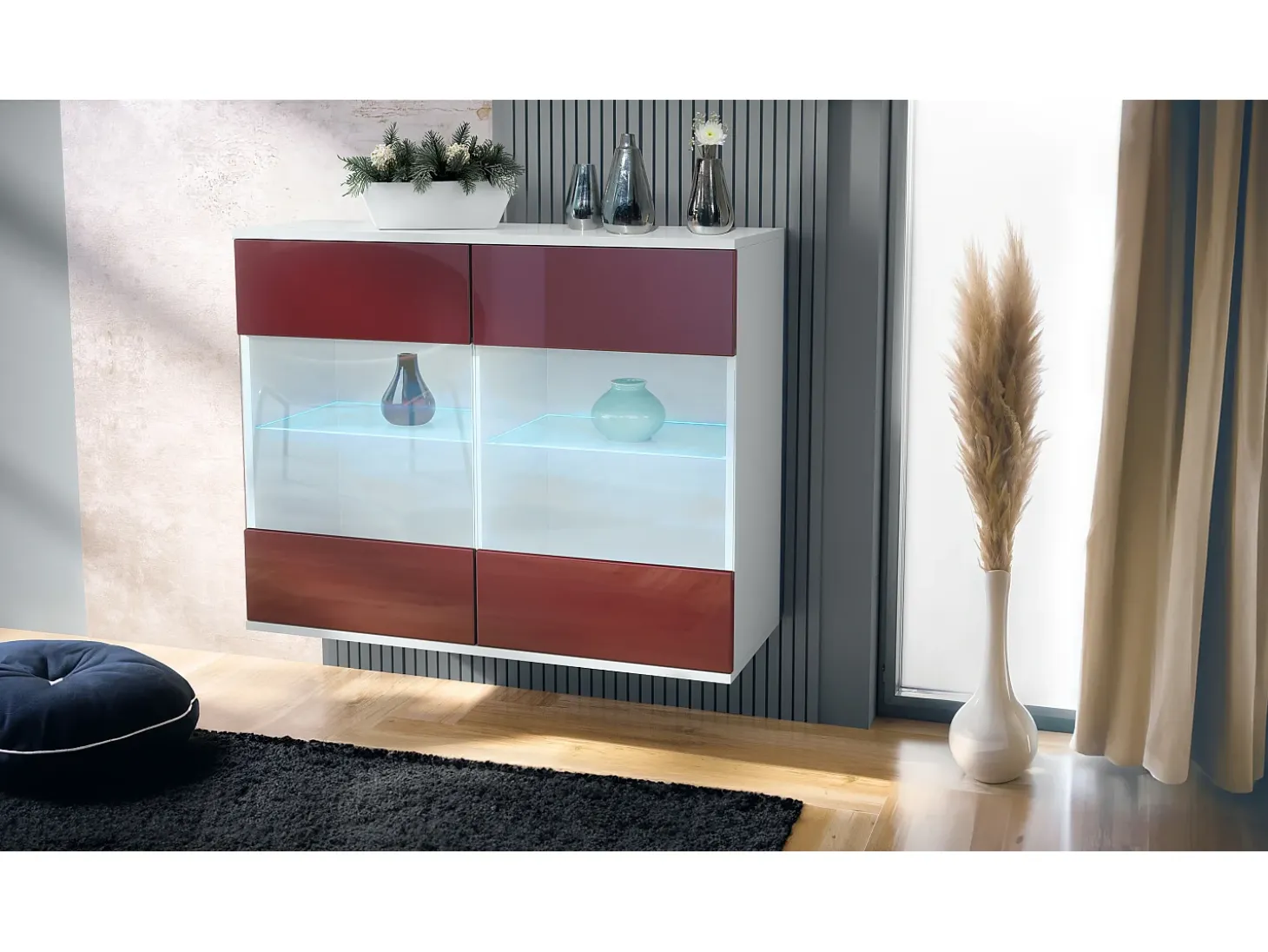 Cómoda Bari V3, Moderno armario de cocina con 2 grandes puertas de cristal incl. iluminación RGB blanco mate / burdeos de alto brillo (92,5 x 73.5 x 35)