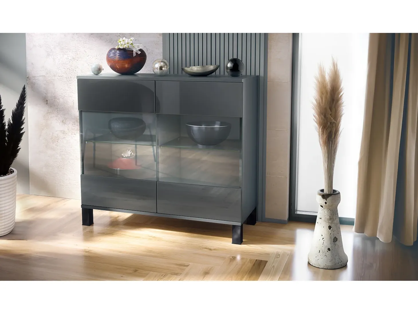 Cómoda Bari V3, Moderno armario de cocina con 2 grandes puertas de cristal antracita mate / gris de alto brillo (92,5 x 84.5 x 35)