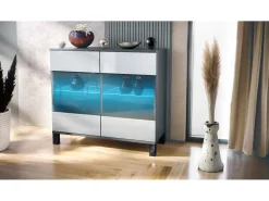 Cómoda Bari V3, Moderno armario de cocina con 2 grandes puertas de cristal incl. iluminación RGB antracita mate / blanco de alto brillo (92,5 x 84.5 x 35)