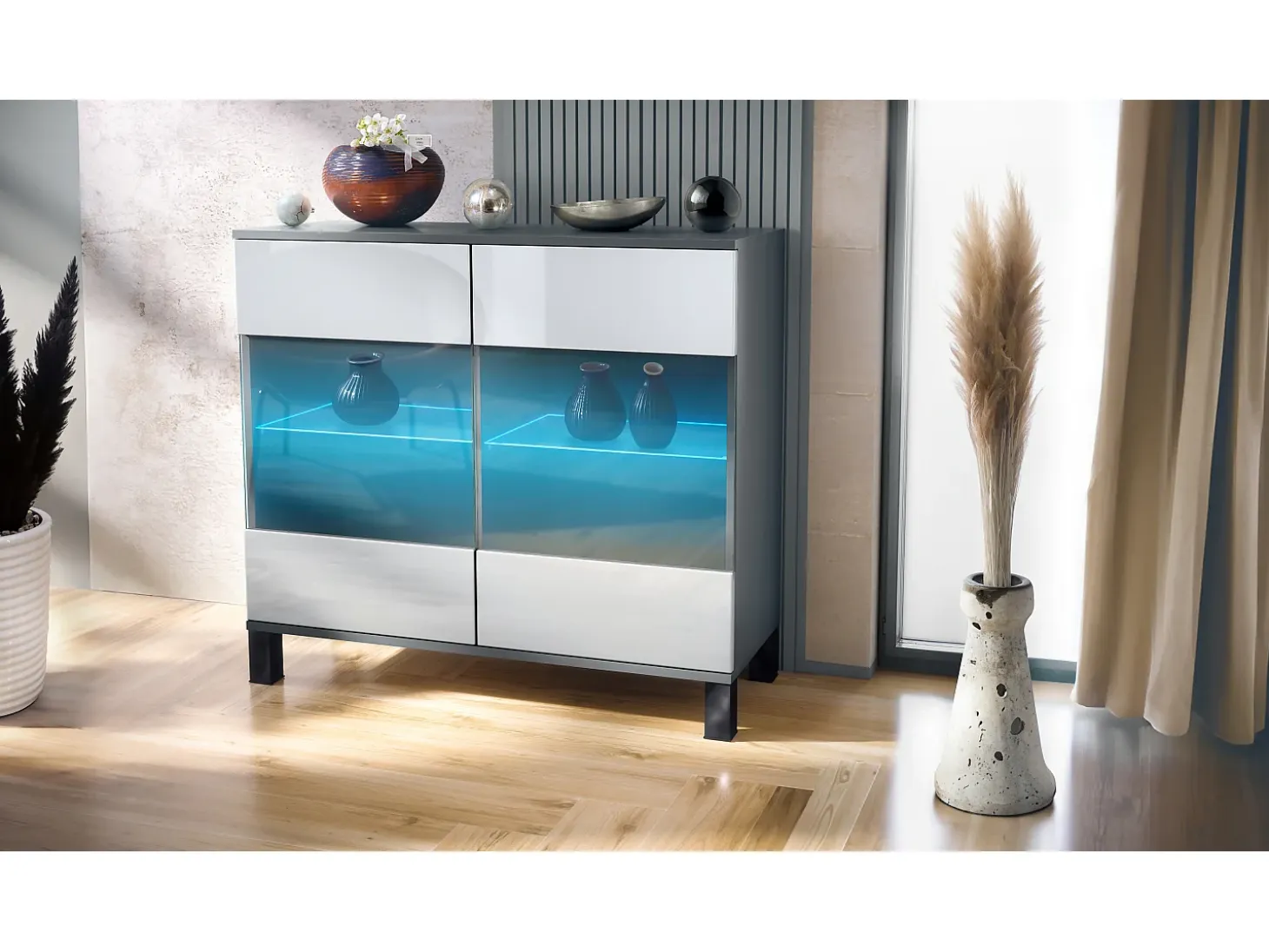 Cómoda Bari V3, Moderno armario de cocina con 2 grandes puertas de cristal incl. iluminación RGB antracita mate / blanco de alto brillo (92,5 x 84.5 x 35)