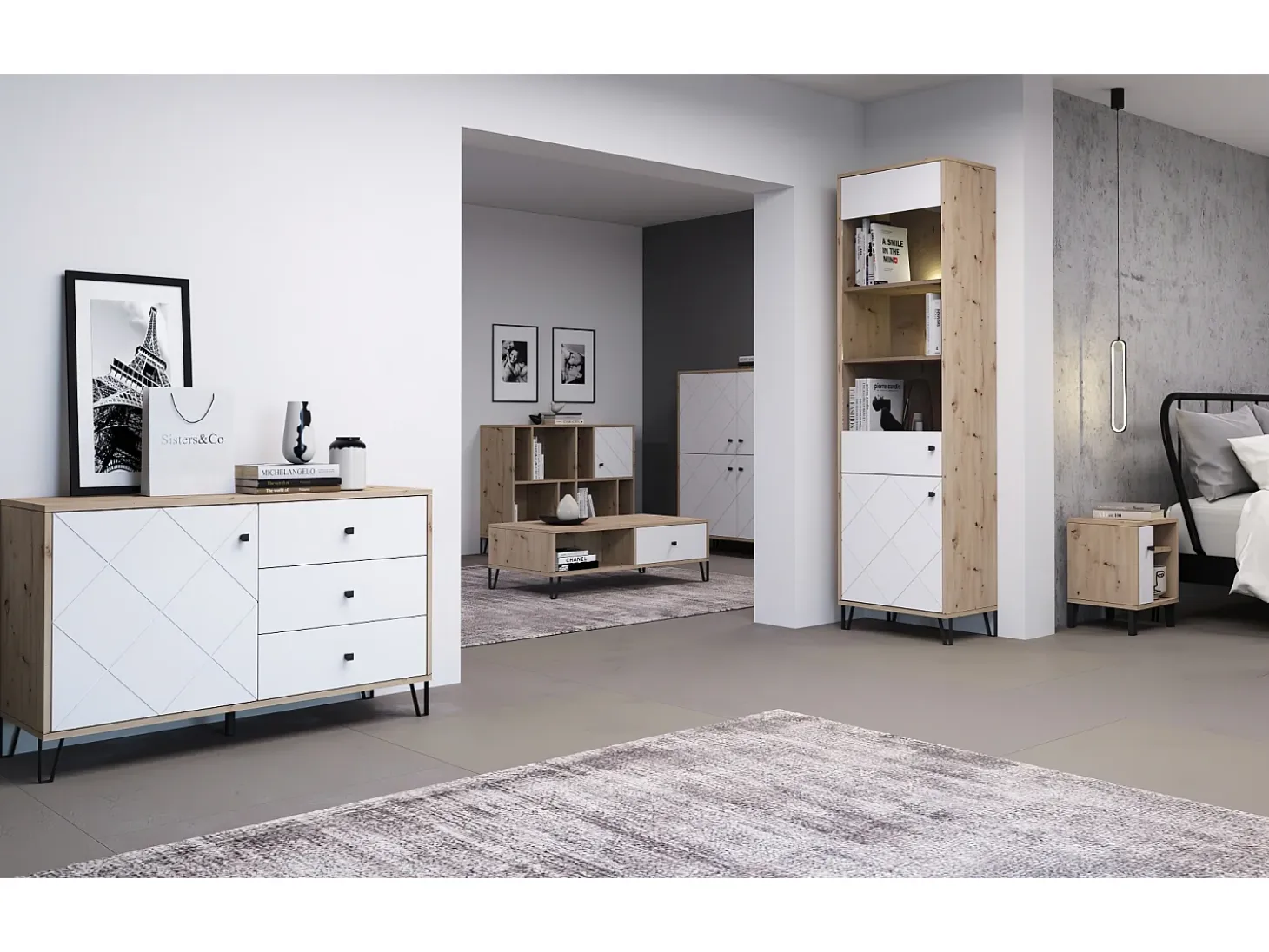 Cómoda Bilbao BL08 4D roble artesano / blanco mate