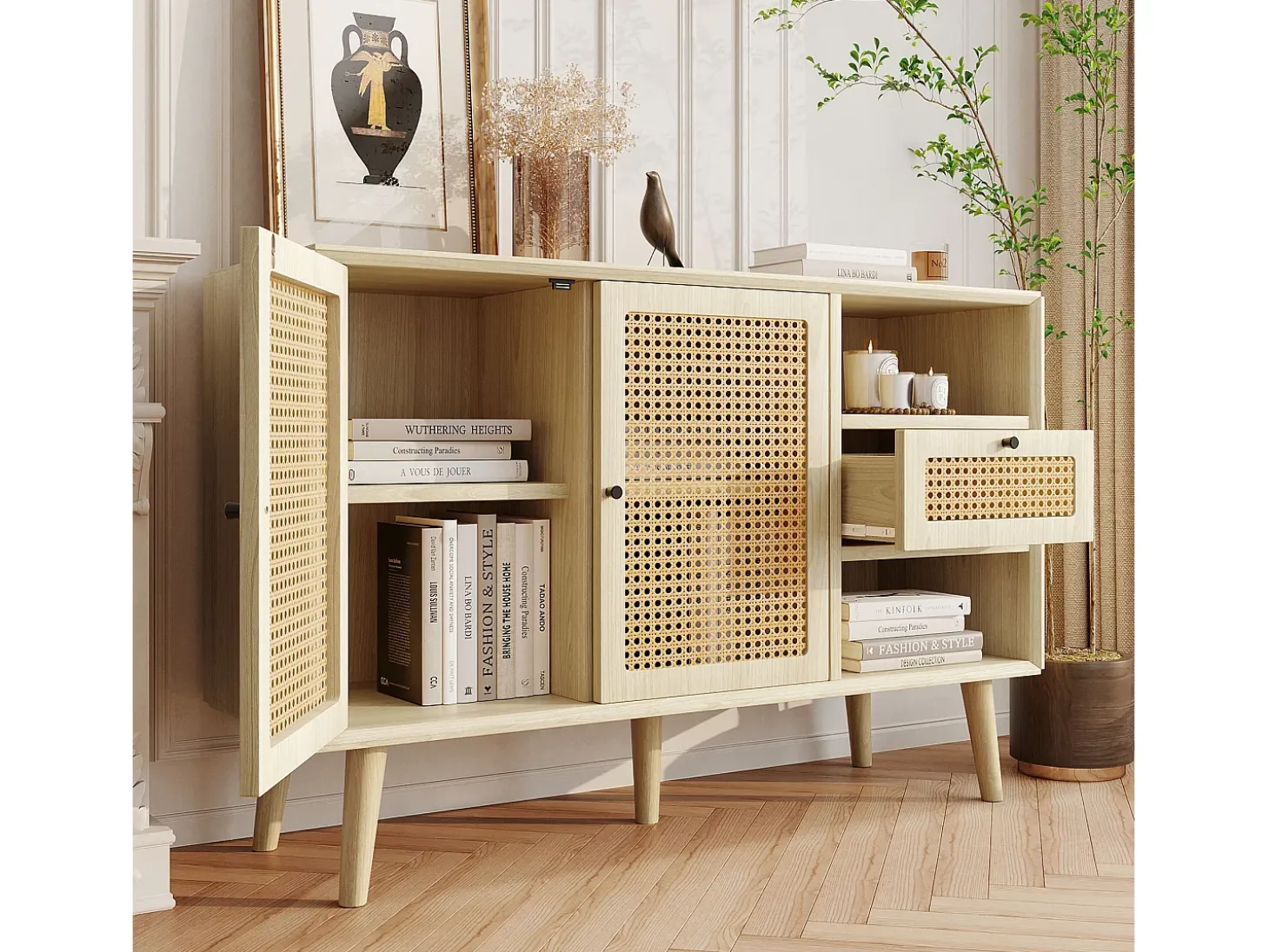 Cómoda Buffet 120x40x80 cm con 2 puertas de ratán y 1 cajón de MDF - Natural Claro
