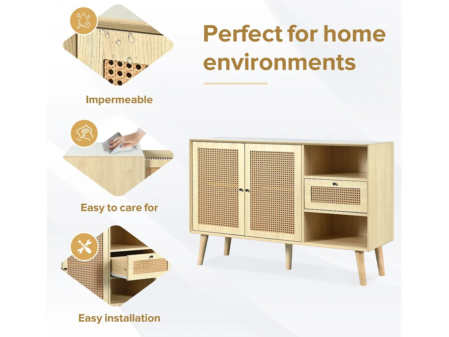 Cómoda Buffet 120x40x80 cm con 2 puertas de ratán y 1 cajón de MDF - Natural Claro
