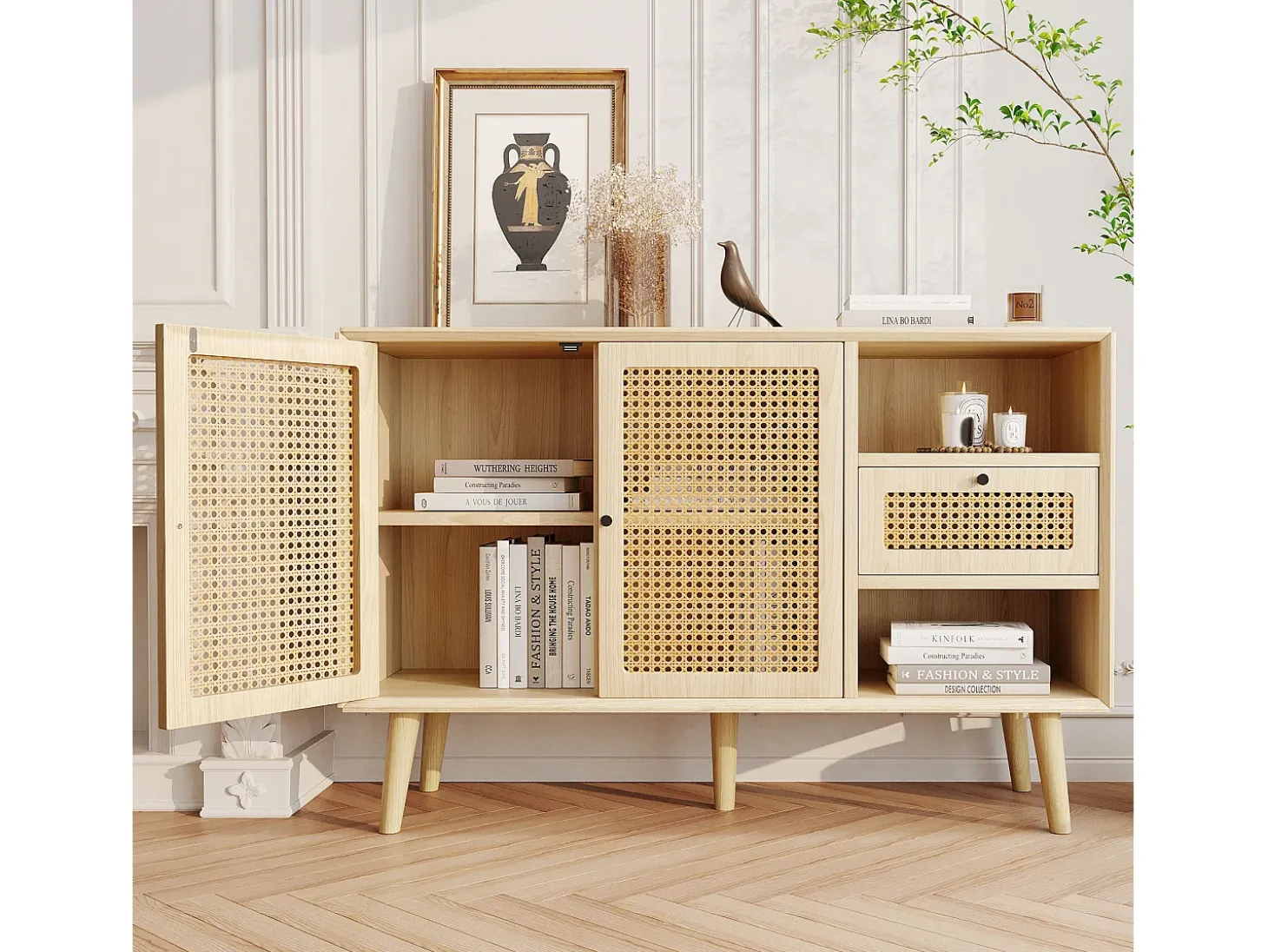 Cómoda Buffet 120x40x80 cm con 2 puertas de ratán y 1 cajón de MDF - Natural Claro