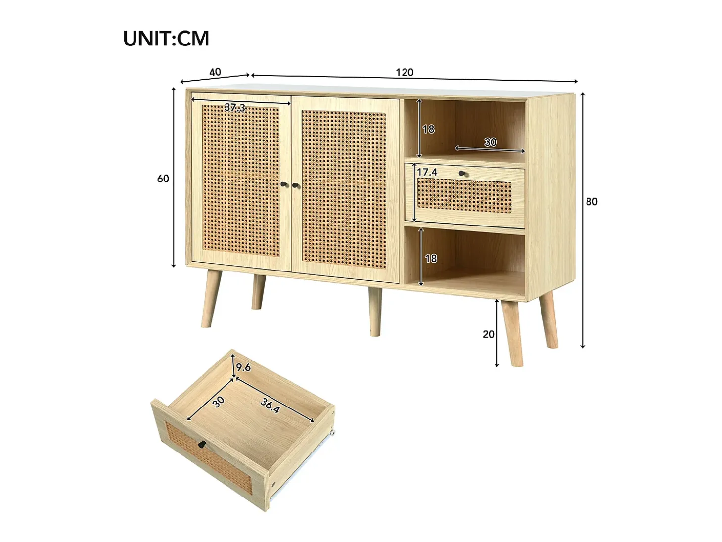 Cómoda Buffet 120x40x80 cm con 2 puertas de ratán y 1 cajón de MDF - Natural Claro