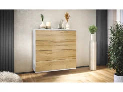 Cómoda colgante Pavos V3, Aparador con 4 cajones blanco mate/roble natural (76 x 76 x 35 cm)