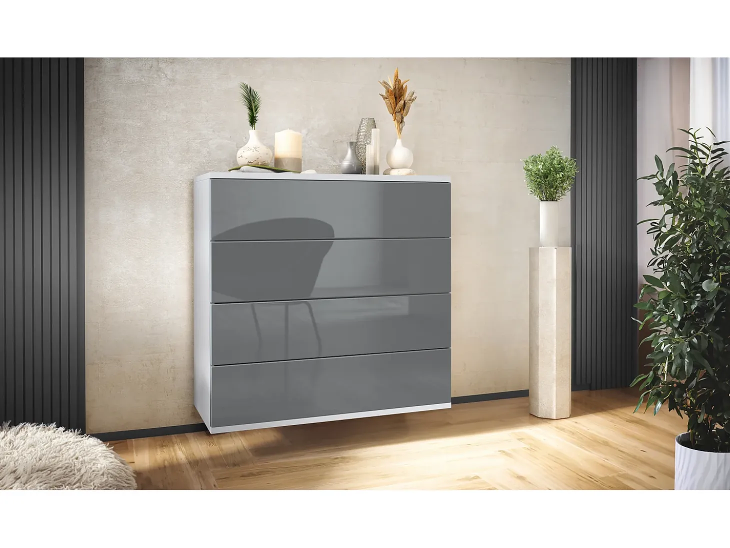 Cómoda colgante Pavos V3, Aparador con 4 cajones blanco mate/gris de alto brillo (76 x 76 x 35 cm)