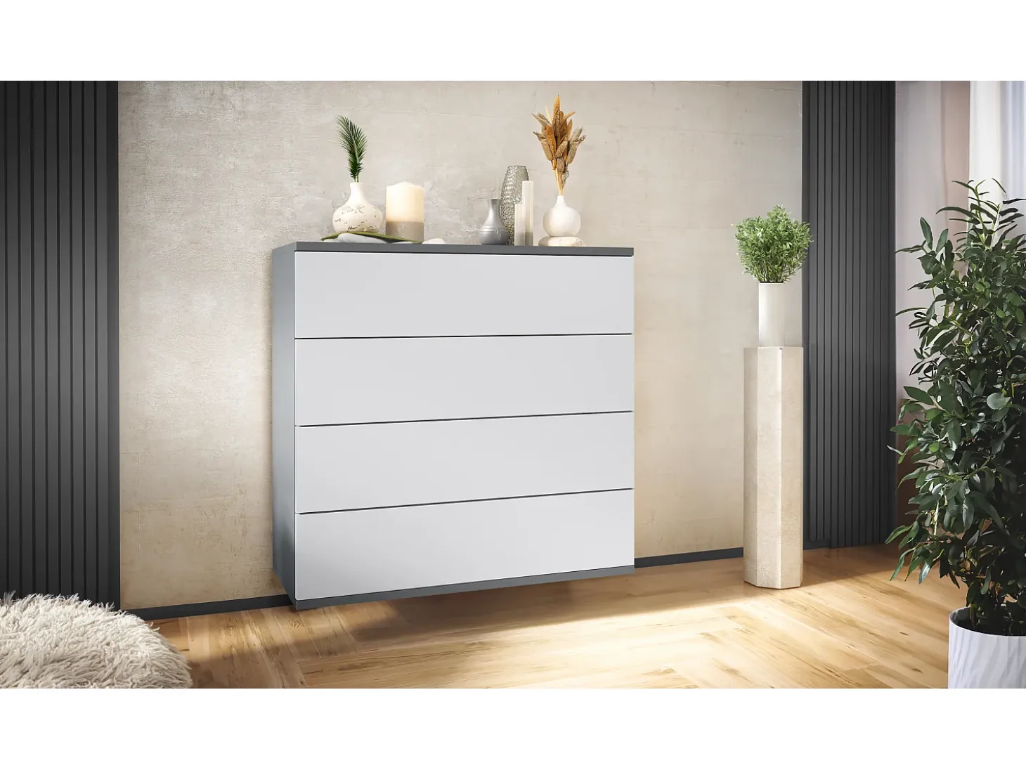 Cómoda colgante Pavos V3, Aparador con 4 cajones antracita mate/blanco mate (76 x 76 x 35 cm)