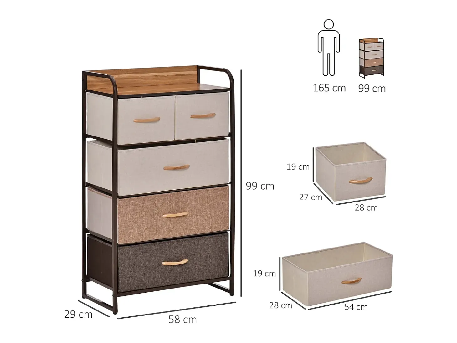 Cómoda con 5 cajones plegables de tela, diseño moderno, lino y metal, marrón (58x29x99 cm)