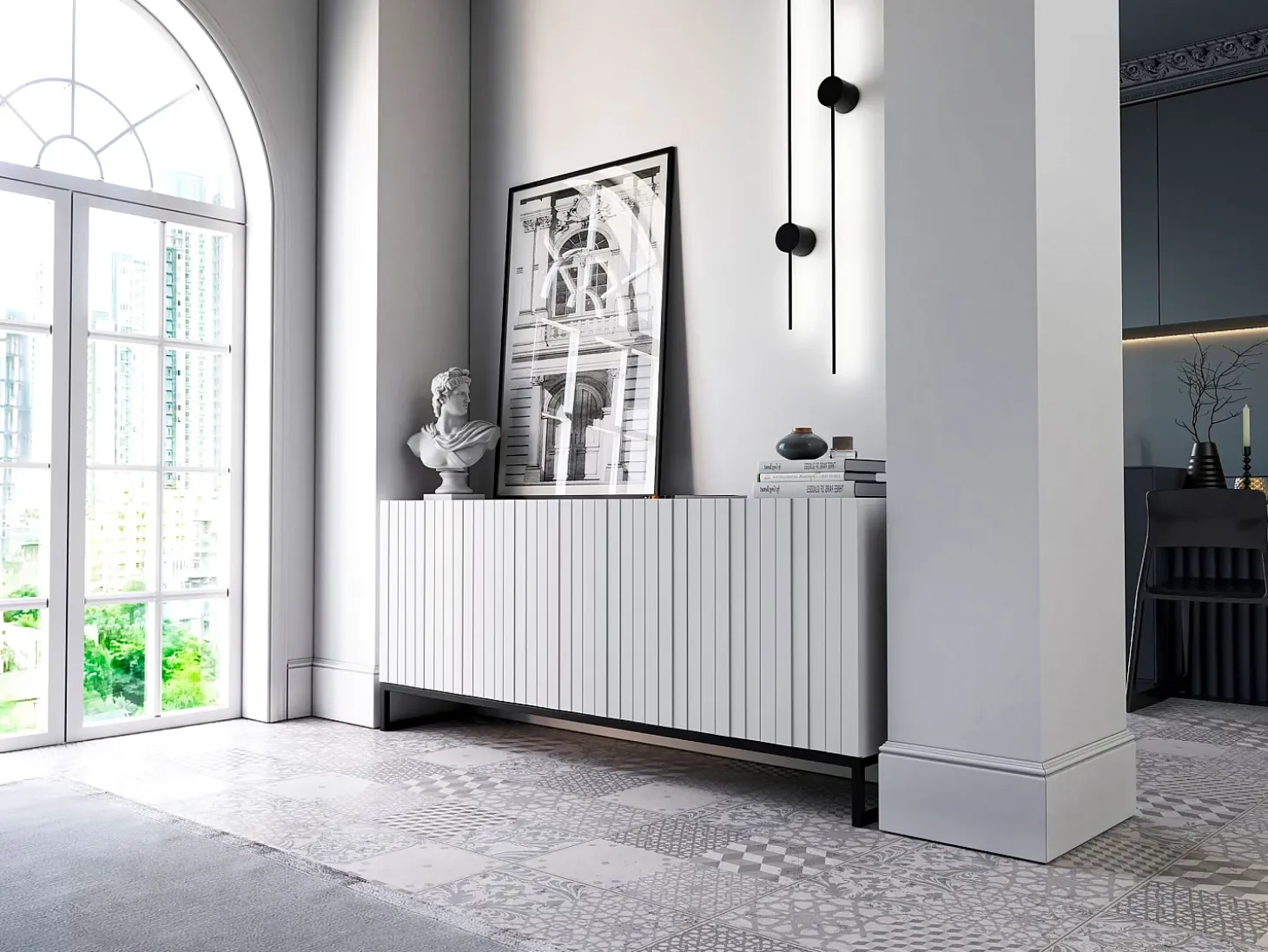 Cómoda con 3 puertas – Cuerpo blanco mate, frentes acanalados blanco mate – 168 cm, estructura de metal negro
