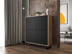 Cómoda con 4 puertas - cuerpo roble wotan, frentes negro mate - 113 cm, estructura metálica