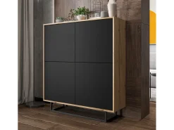 Cómoda con 4 puertas - cuerpo roble wotan, frentes negro mate - 113 cm, estructura metálica