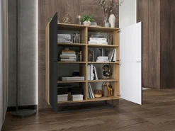 Cómoda con 4 puertas - cuerpo roble wotan, frentes negro mate - 113 cm, estructura metálica