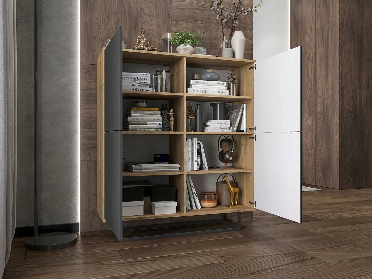 Cómoda con 4 puertas - cuerpo roble wotan, frentes grafito mate - 113 cm, estructura metálica