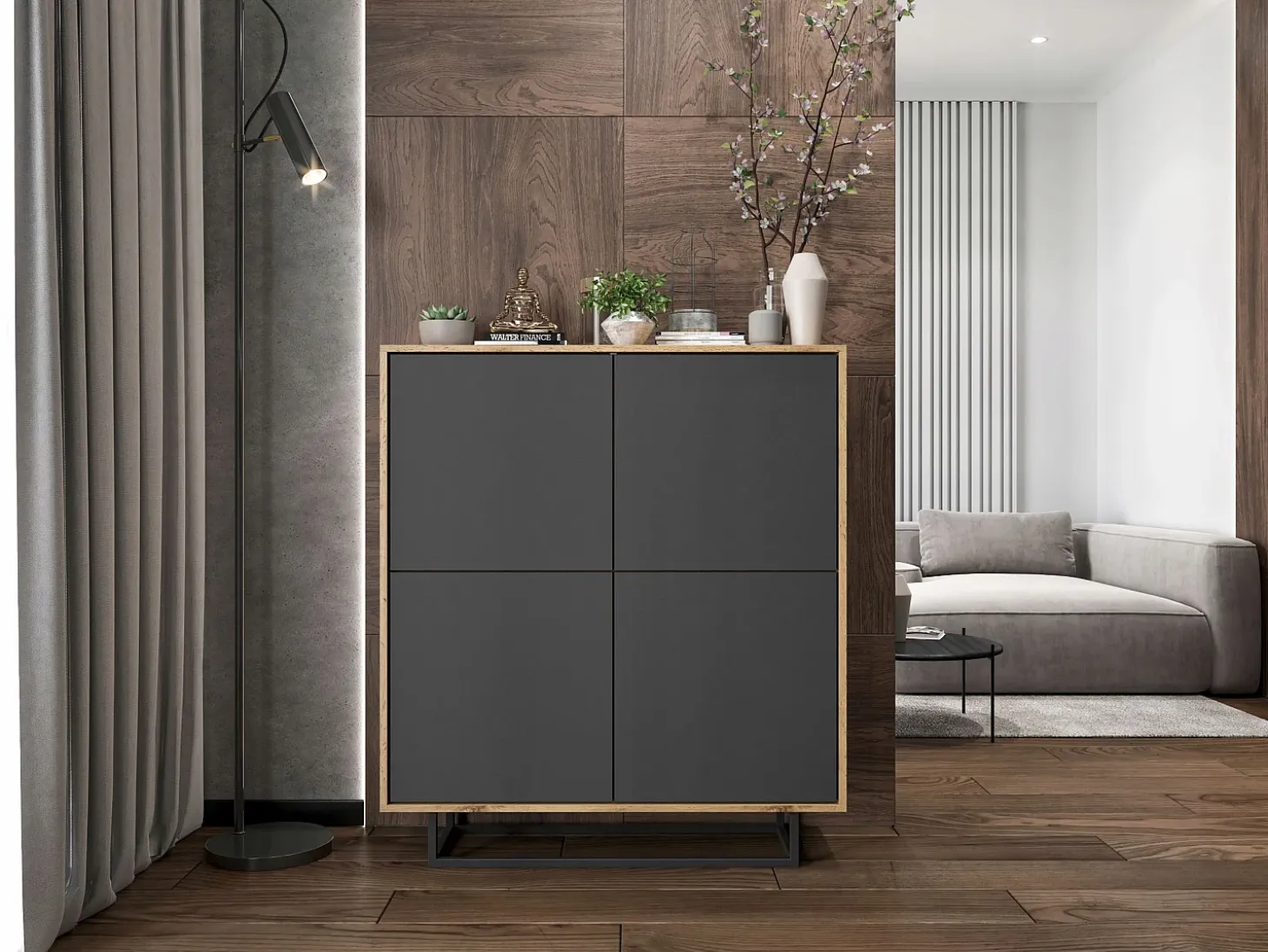 Cómoda con 4 puertas - cuerpo roble wotan, frentes grafito mate - 113 cm, estructura metálica