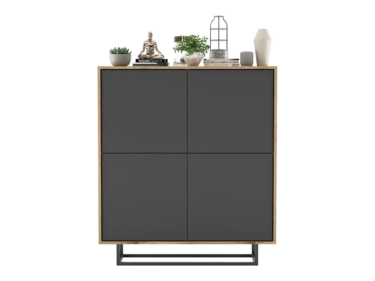 Cómoda con 4 puertas - cuerpo roble wotan, frentes grafito mate - 113 cm, estructura metálica