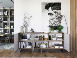 Cómoda con 3 puertas - cuerpo roble wotan, frentes grafito mate - 168 cm, patas metálicas