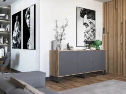 Cómoda con 3 puertas - cuerpo roble wotan, frentes grafito mate - 168 cm, patas metálicas