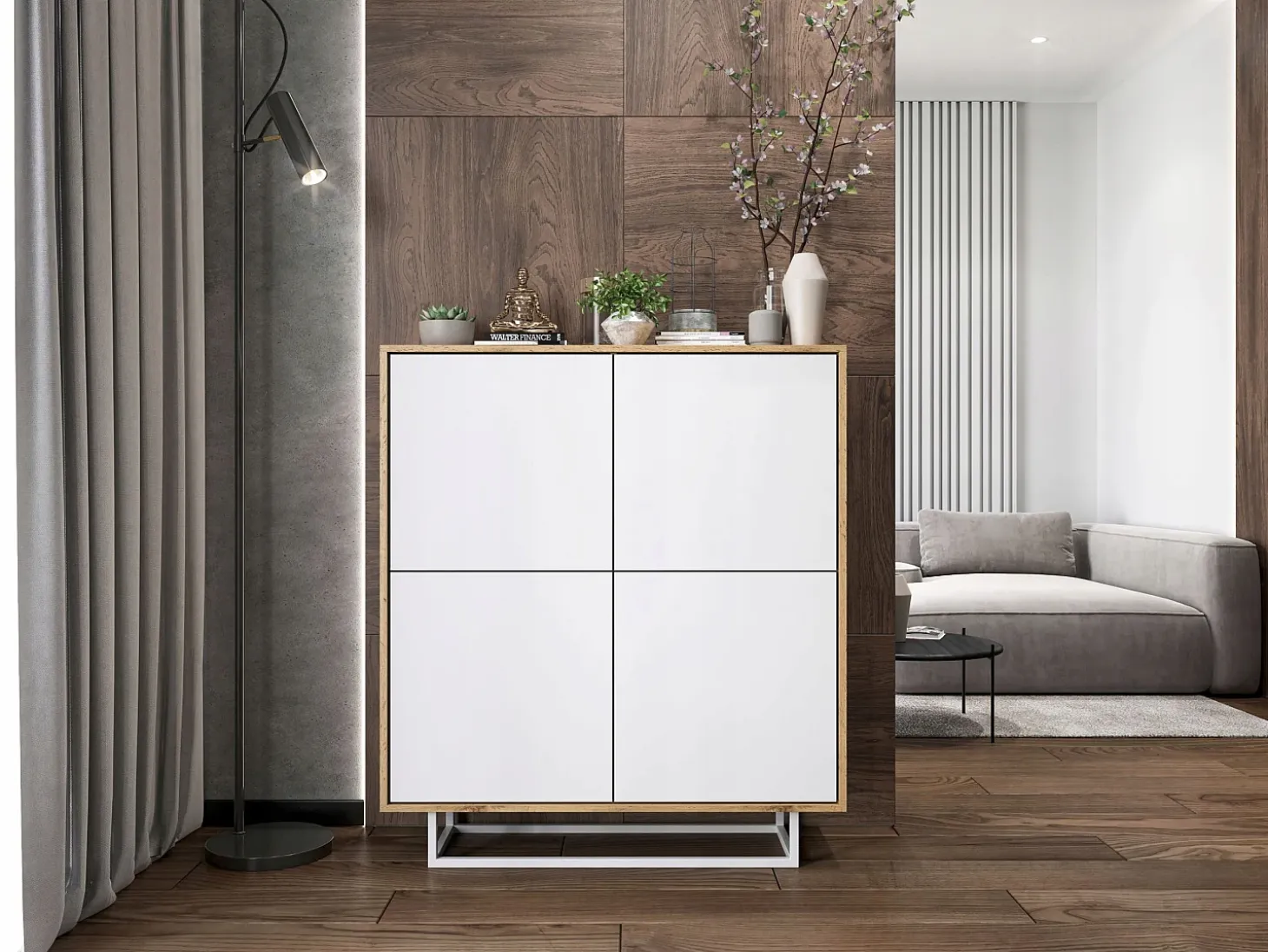 Cómoda con 4 puertas - cuerpo roble wotan, frentes blanco mate - 113 cm, estructura metálica