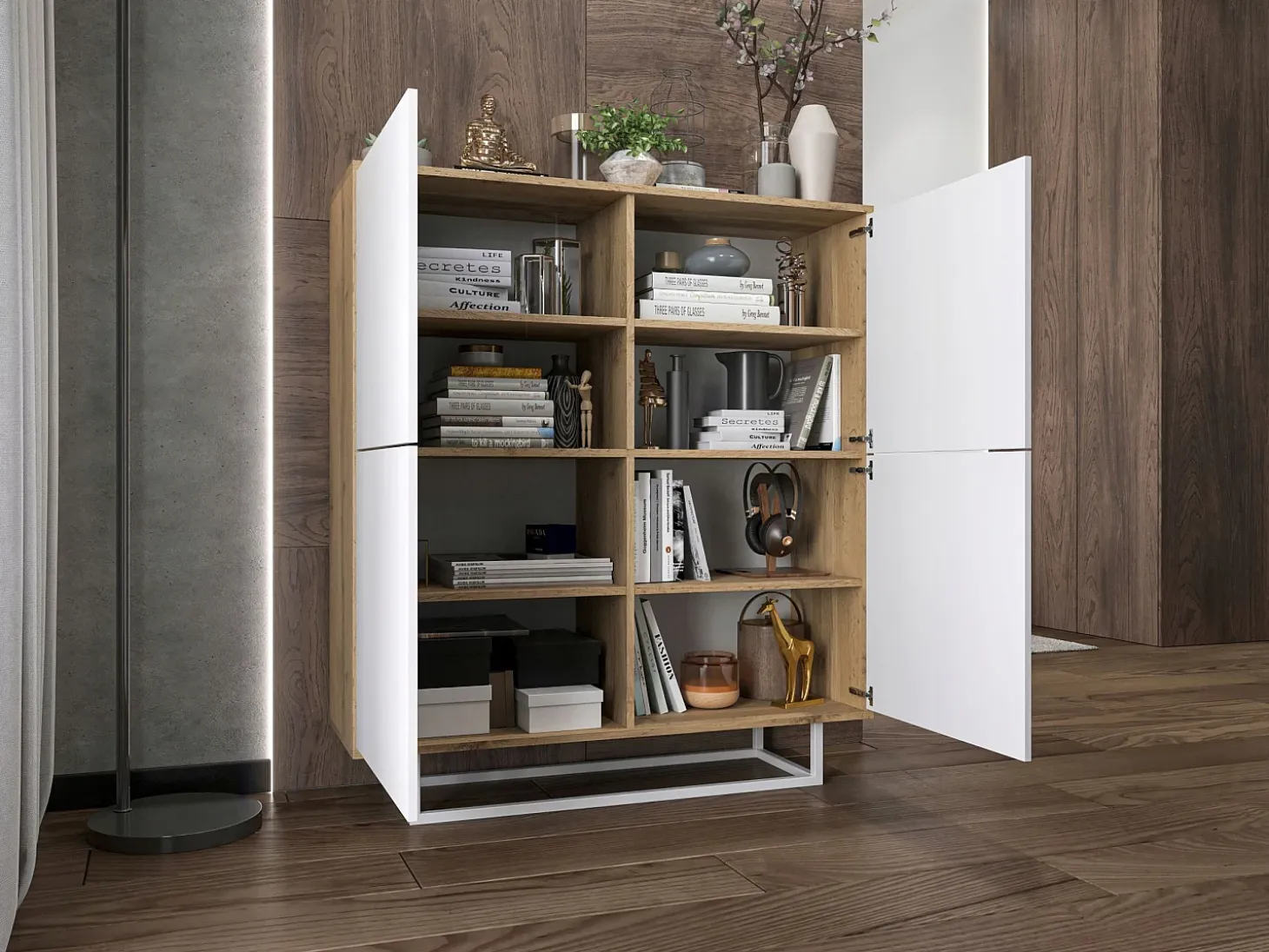 Cómoda con 4 puertas - cuerpo roble wotan, frentes blanco mate - 113 cm, estructura metálica