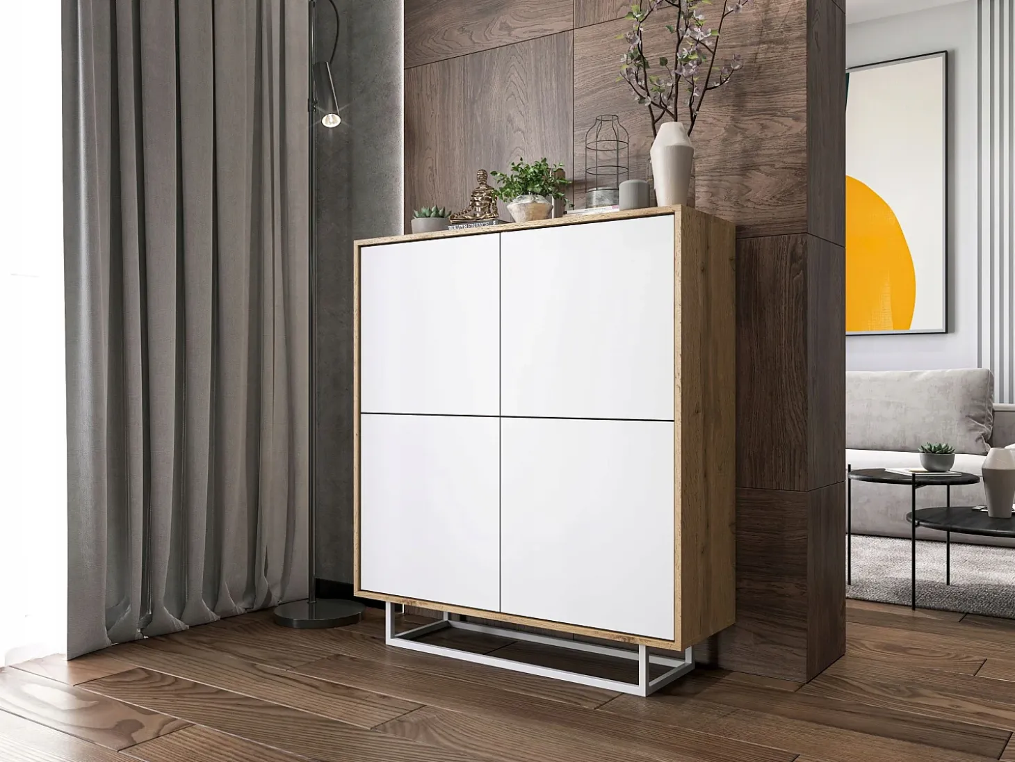 Cómoda con 4 puertas - cuerpo roble wotan, frentes blanco mate - 113 cm, estructura metálica