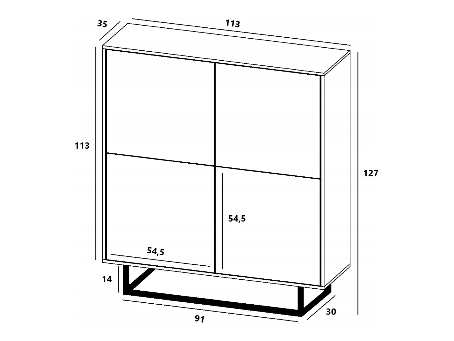 Cómoda con 4 puertas - cuerpo roble wotan, frentes blanco mate - 113 cm, estructura metálica