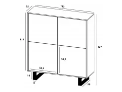 Cómoda con 4 puertas - cuerpo roble wotan frentes blanco mate - 113 cm, patas metálicas