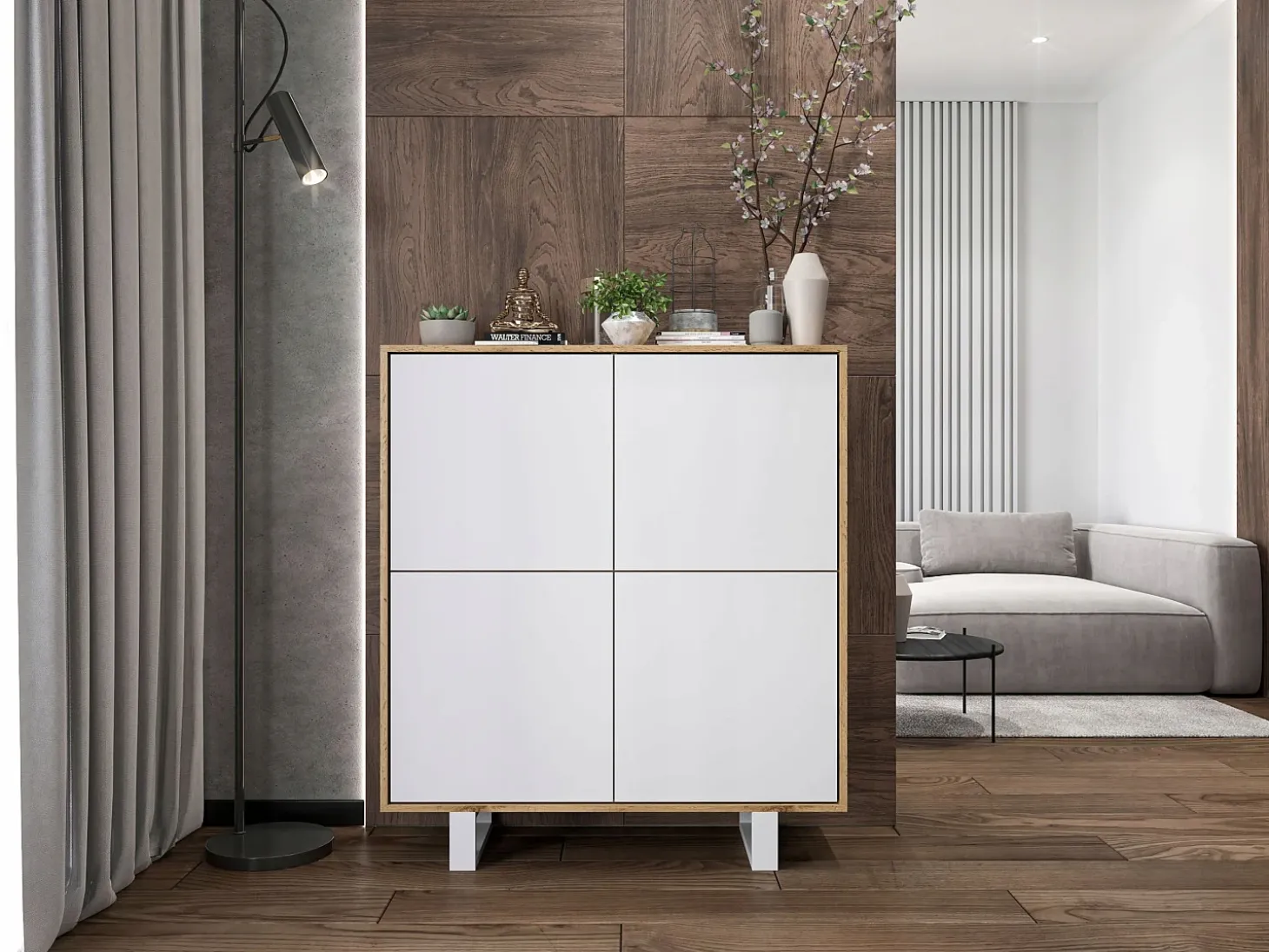 Cómoda con 4 puertas - cuerpo roble wotan frentes blanco mate - 113 cm, patas metálicas