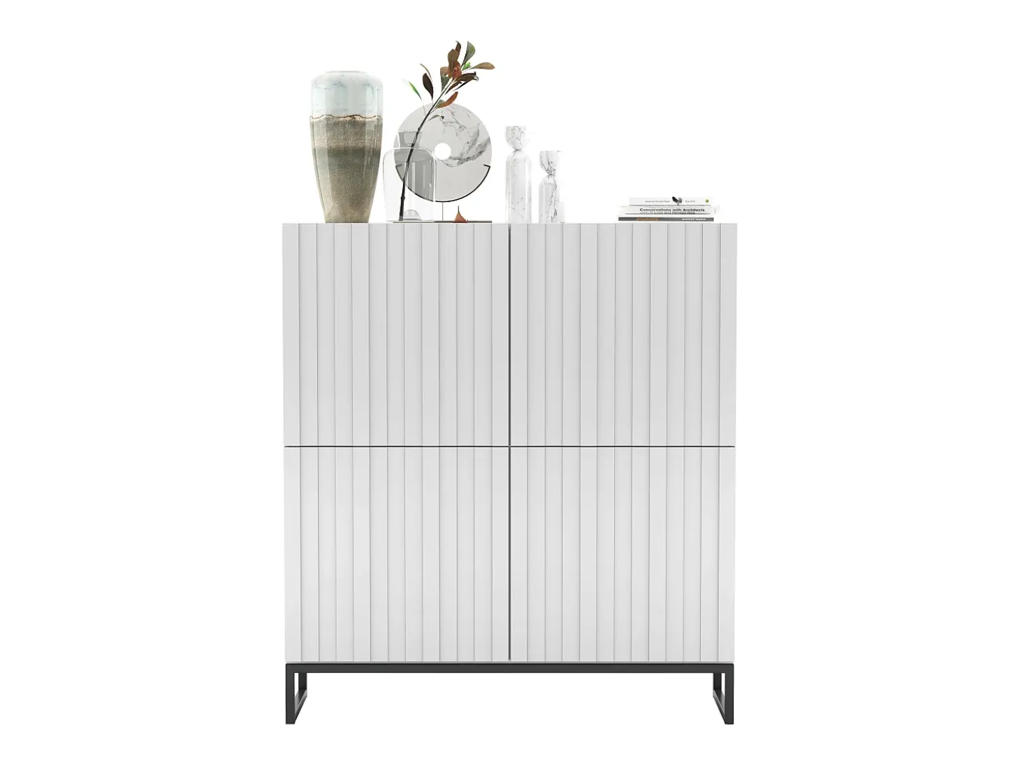 Cómoda con 4 puertas - Cuerpo Blanco mate, frentes acanalados Blanco mate - 112 cm, estructura de metal negro