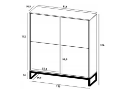 Cómoda con 4 puertas - Cuerpo Blanco mate, frentes acanalados Blanco mate - 112 cm, estructura de metal negro