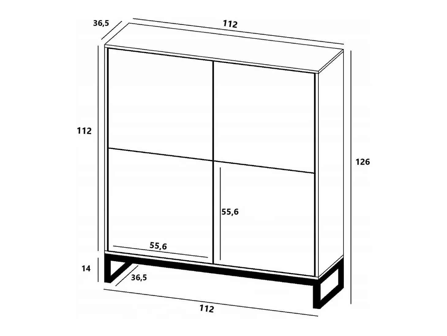 Cómoda con 4 puertas - Cuerpo Blanco mate, frentes acanalados Blanco mate - 112 cm, estructura de metal negro