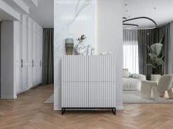 Cómoda con 4 puertas - Cuerpo Blanco mate, frentes acanalados Blanco mate - 112 cm, estructura de metal negro