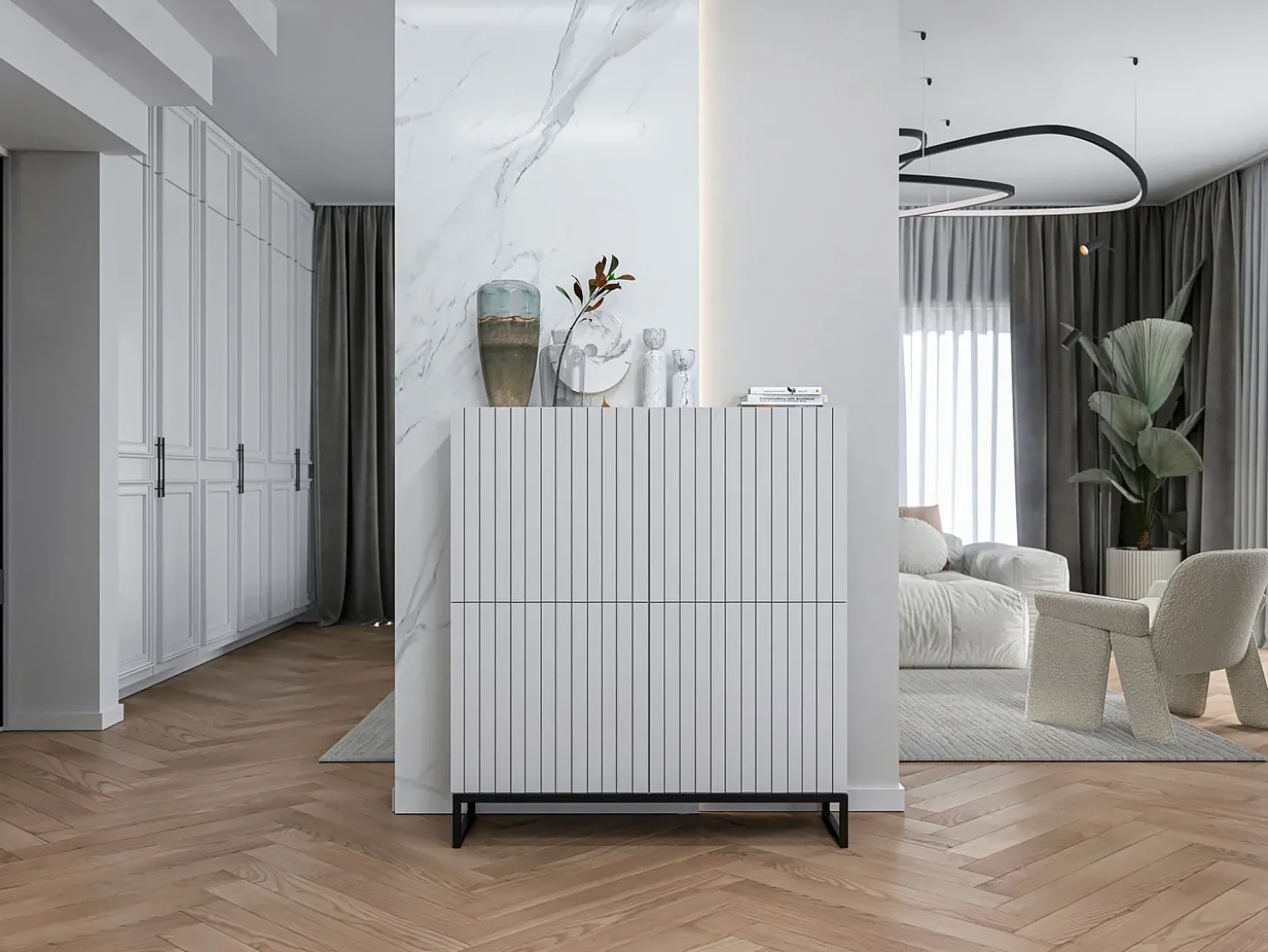 Cómoda con 4 puertas - Cuerpo Blanco mate, frentes acanalados Blanco mate - 112 cm, estructura de metal negro