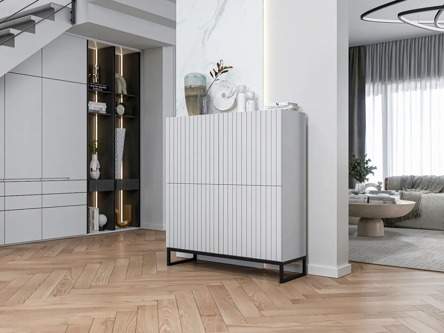 Cómoda con 4 puertas - Cuerpo Blanco mate, frentes acanalados Blanco mate - 112 cm, estructura de metal negro