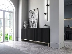 Cómoda con 3 puertas - Cuerpo Negro mate, frentes ranurados Negro mate - 168 cm, marco de metal
