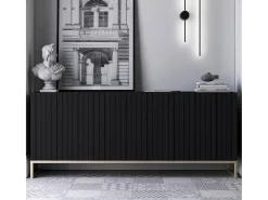Cómoda con 3 puertas - Cuerpo Negro mate, frentes ranurados Negro mate - 168 cm, marco de metal