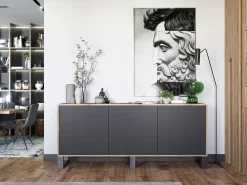 Cómoda con 3 puertas – cuerpo roble wotan, frentes negro mate – 168 cm, patas de metal