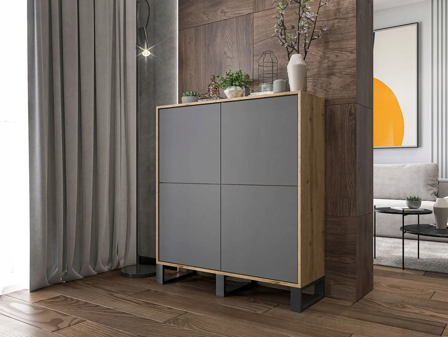 Cómoda con 4 puertas - estructura de roble wotan frentes grafito mate - 113 cm, patas de metal