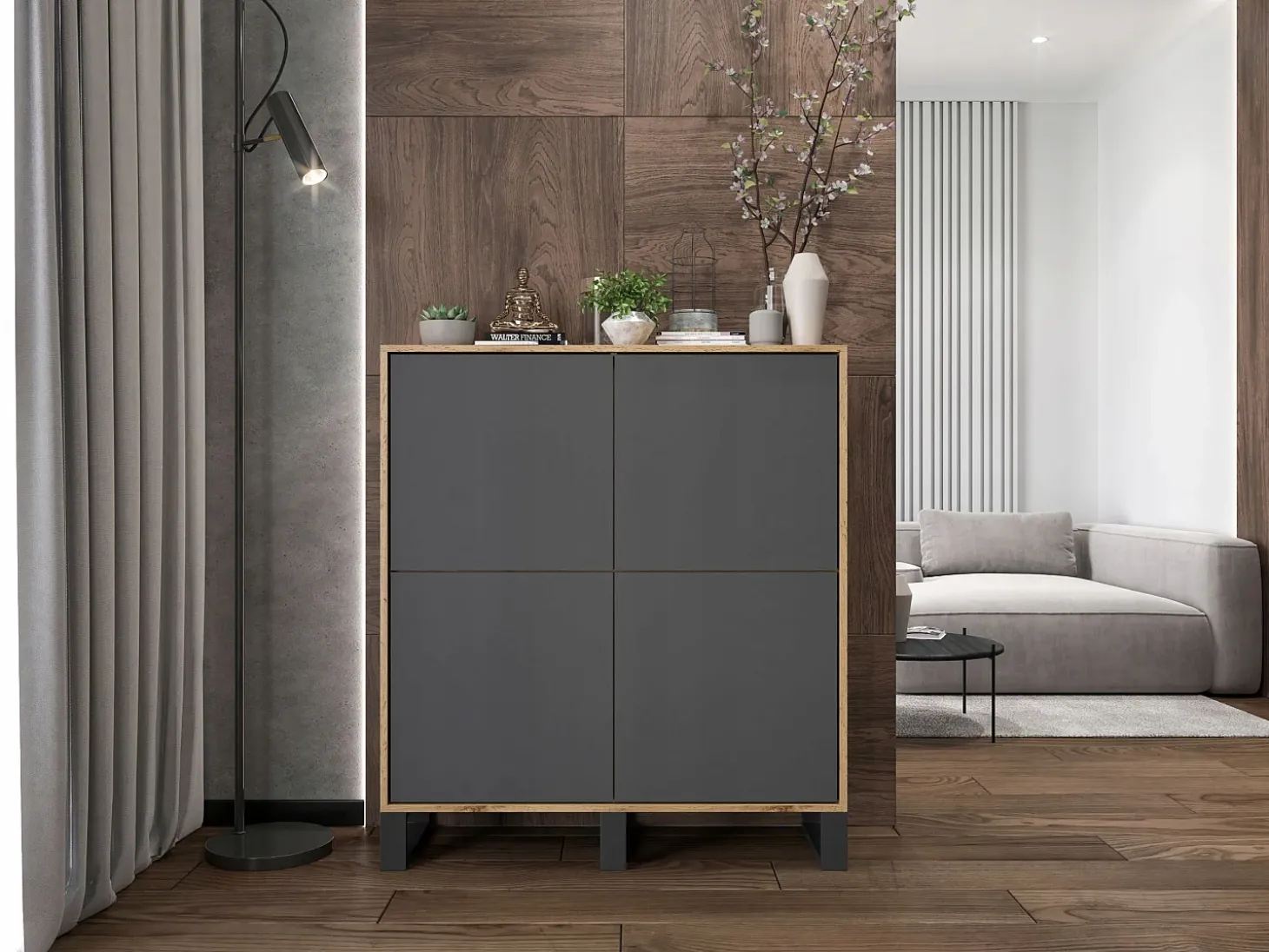 Cómoda con 4 puertas - estructura de roble wotan frentes grafito mate - 113 cm, patas de metal