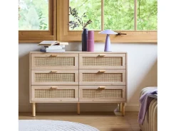 Cómoda de 6 cajones con caña y efecto madera