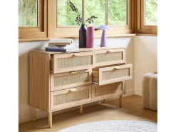 Cómoda de 6 cajones con caña y efecto madera